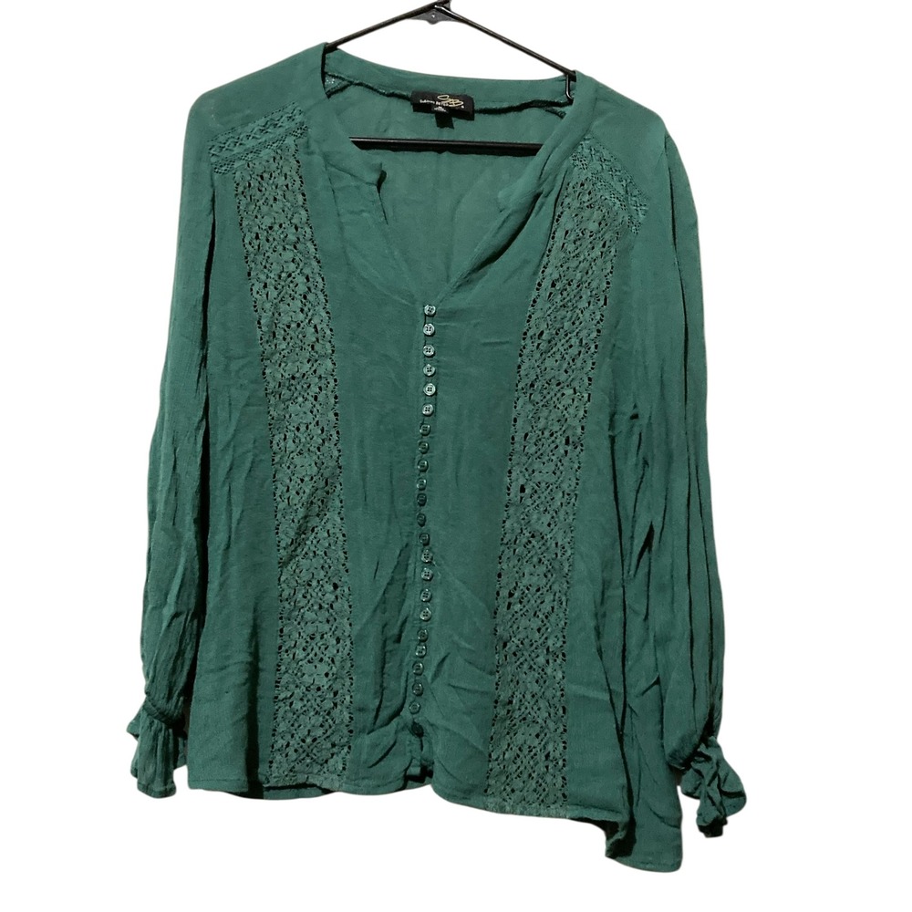 Suzanne Betro Green Crochet Lace Panel Button Front Blouse Top Medium‎ Boho